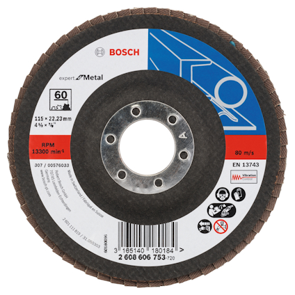 Rund sliprondell från Bosch med etikett och specifikationer, inklusive 115 x 22,23 mm och 13300 min⁻¹.