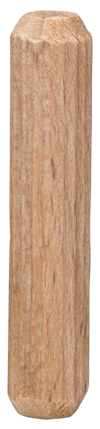 Träplugg med fasade kanter, vertikalt placerad, träfärgad yta.