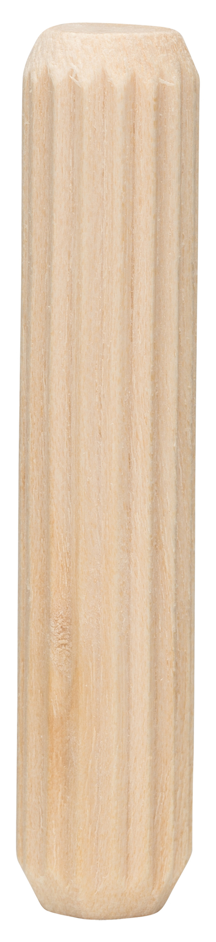 Träplugg med räfflad yta och fasade kanter.