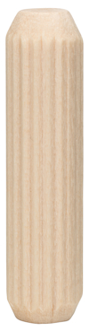 Räfflad rund träplugg i ljust trä, vertikalt orienterad, utan synlig bakgrund.