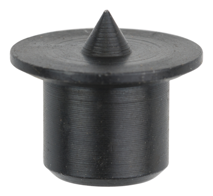 Svart konisk plastplugg med platt, rund översida och en spets i mitten.