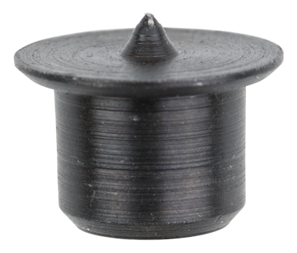 Svart plastplugg med spetsig topp och räfflade sidor, sedd framifrån.