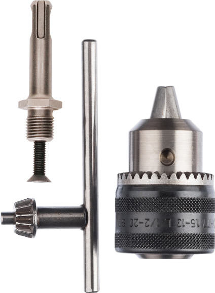 Borrchuck med nyckel och adapterbit, metallmaterial.