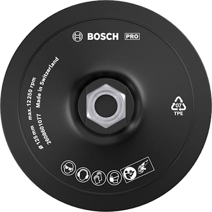 Rund, svart Bosch slipkåpa med säkerhetssymboler och text: "max 12,250 rpm, Made in Switzerland".