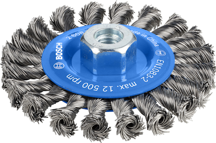 Borste med tvinnad metalltråd och blå mitt med inskriptioner.