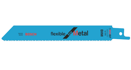 Blå sågklinga för metall från Bosch med text "flexible for Metal" och "Swiss Made BIM S937BF".