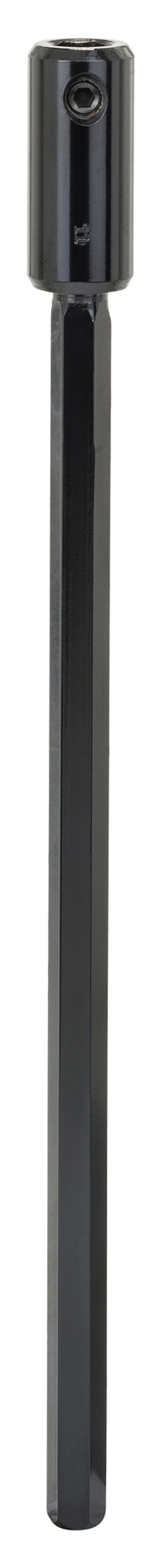 Svart, smal förlängningsstav med en anslutning upptill och en smalare ände nedtill.