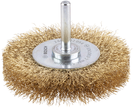 Rund kopparfärgad borste med metallaxel, märkt "BOSCH" och "EIN603".
