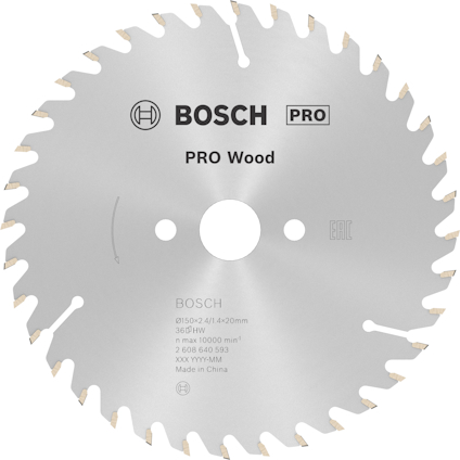 Cirkelsågklinga med texten "BOSCH PRO Wood". Diameter 150x2,4/1,8x20mm, 36 tänder. Maximala varv 10 000 per minut.