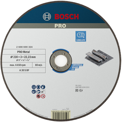 Bosch PRO metallskiva med 230 mm diameter och 22,23 mm hål. Text: "Long Life", "Universal Brand Fit", "80 m/s".