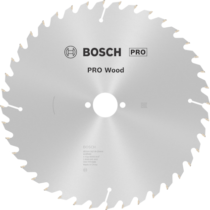 Cirkelsågblad med texten "BOSCH PRO Wood", specifikationer och centralt hål.