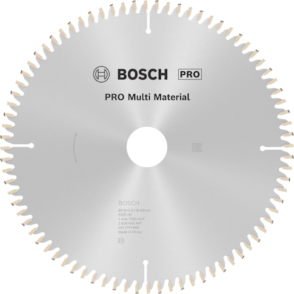 Cirkelklinga från Bosch med 96 tänder, märkt "PRO Multi Material" och specifikationer inklusive 216 mm diameter.