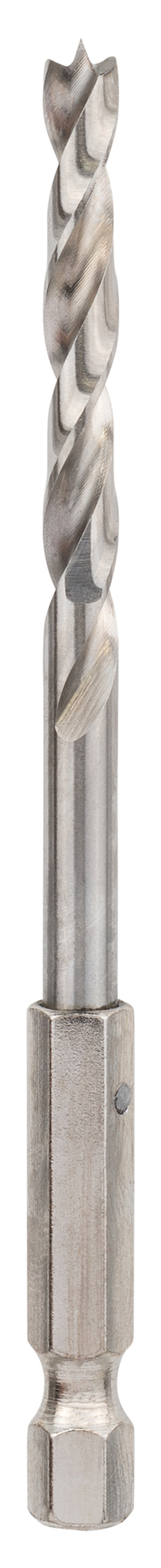 Metallborr med spiralformade skäreggar och sexkantigt fäste.