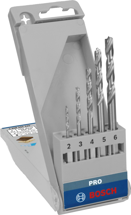 Borrsats med fem delar i varierande storlek från Bosch, märkta 2-6, i en grå förvaringslåda.