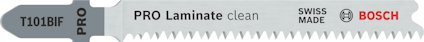 Sticksågblad Bosch PRO Laminate clean, med tandning och text "T101BIF", "SWISS MADE".