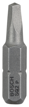 Bitspets i metall med grå finish. Märkt med "BOSCH SQ2 P".