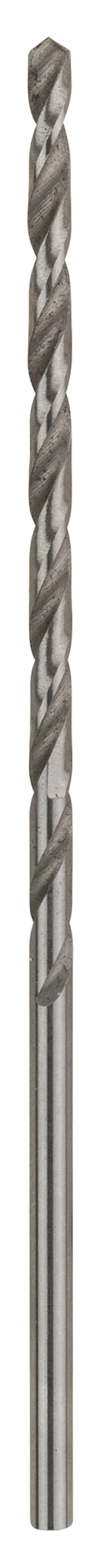 Metallborr med spiralformade räfflor och spetsig ände, silverfärgad.