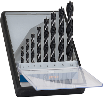 Sats med nio svarta borr, märkta 4 till 12, i en öppen förvaringslåda med Bosch-logotyp.