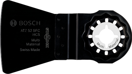Svart Bosch multiverktygsblad med vit stjärnformad infästning och text: "ATZ 52 SFC, HCS, Multi Material, Swiss Made".