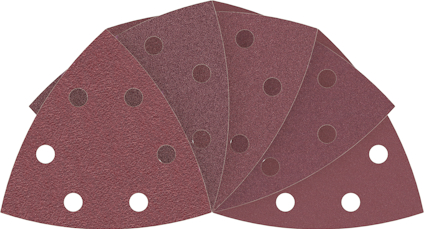 Runda sliprondeller i rött sandpapper, några överlappande. Sex eller sju dammuppsamlingshål per rondell.