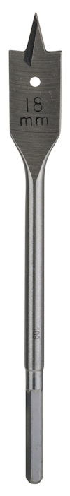 Borr med spadformad skär i metall, märkt "18 mm".