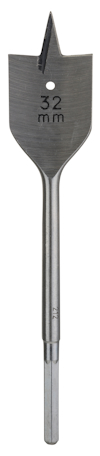 Borrbits med platt spadform, märkning "32 mm" på ytan.