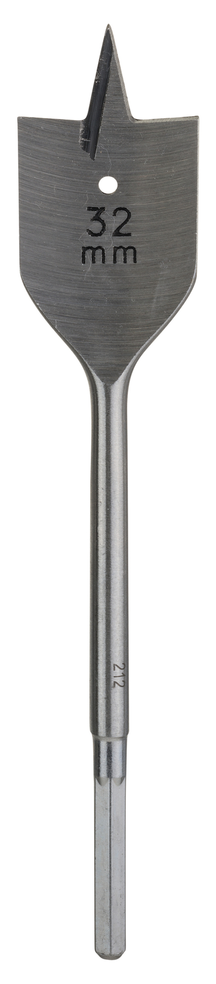 Borrbits med platt spadform, märkning "32 mm" på ytan.