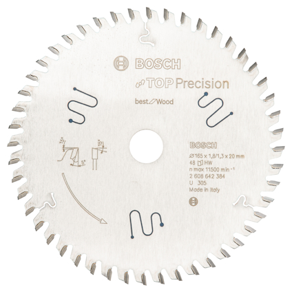 Cirkelsågblad med 48 tänder och Bosch-märke, text "TOP Precision best for Wood", tillverkad i Italien.