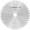 Cirkelsågklinga Bosch PRO Wood med flera tänder och märkningar, inklusive dimensioner och tillverkningsland.