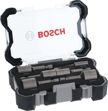 Borrkronor i ett etui med transparent lock, texten "Bosch" syns på locket.