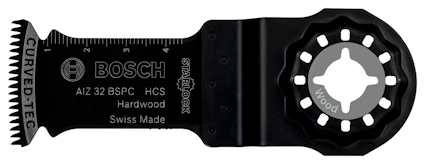 Svart Bosch AIZ 32 BSPC HCS sågblad, text "Hardwood" och "Swiss Made".