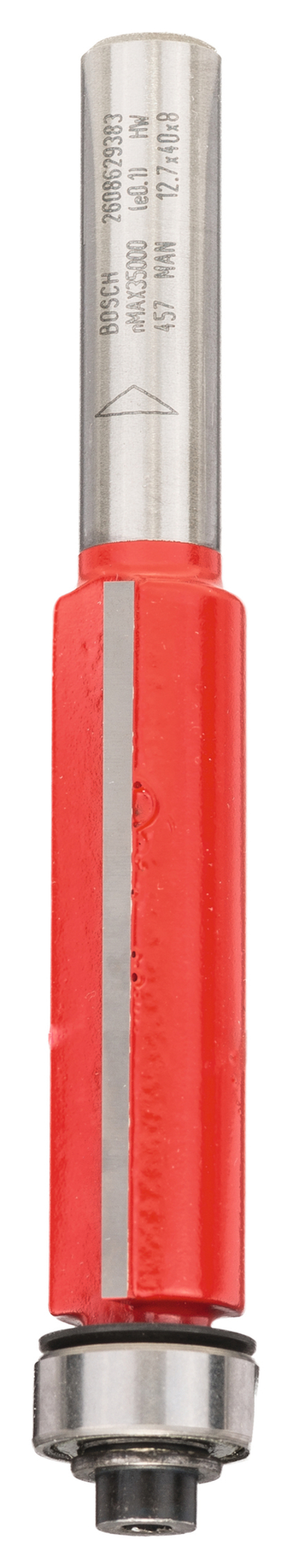 Frässtål med röd beläggning och metallaxel med ingraverad text.