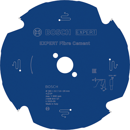 Cirkelformad blå sågklinga med text: "BOSCH EXPERT Fibre Cement Ø160 x 2/16 x 20mm".