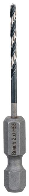 Borrskärp i metall med texten "Bosch 2.0 HSS" på skaftet, spiralformad spets, sexkantigt fäste.