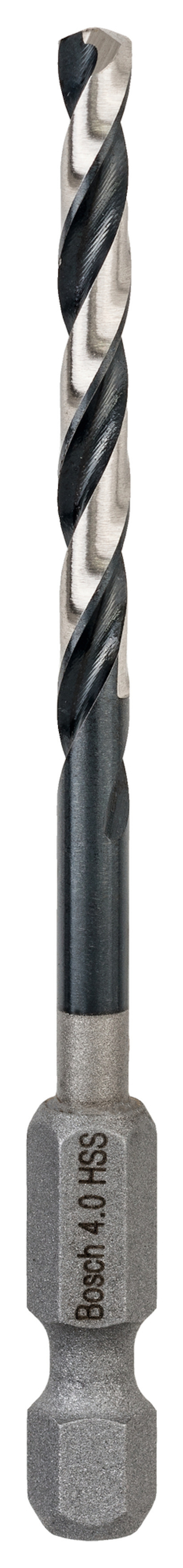 Metallborr med spiralformade skär och hexagonal fattning, märkt "Bosch 4.0 HSS".