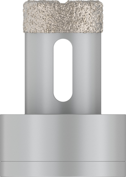 Cylindrisk borr med grovkornigt huvud och grått skaft, vertikal oval öppning.