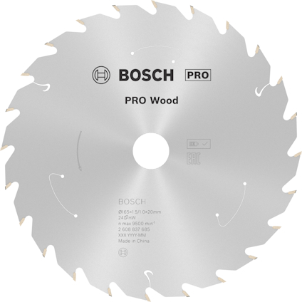 Cirkelsågblad med texten "BOSCH PRO Wood". Märkt med specifikationer och ursprungsland "Made in China".