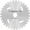 Cirkelsågklinga med tänder, märkt "BOSCH PRO Steel", diametermått och andra specifikationer tryckta.