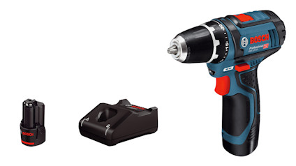 Sladdlös borrmaskin med batteri och laddare från Bosch, visa logotyp och text "12V-15".