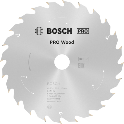 Cirkelsågklinga med text: "BOSCH PRO Wood, 215x30x1.6x2.6mm, 48T, Made in China".