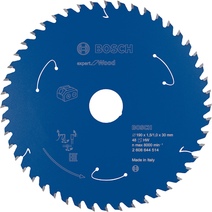 Blå cirkelsågklinga med text: "Bosch", "expert for Wood", "190 x 1,5/1,0 x 30 mm", "48", "HW", "Made in Italy".