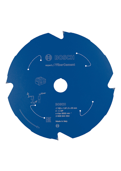 Blå cirkelsågklinga med Bosch-logotyp och tekniska specifikationer tryckta i vitt. Made in Italy.