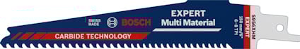 Saw blade with "Bosch Expert Multi Material" text, carbide teeth, Swiss-made. Blue and red design.