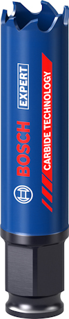 Blå Bosch hålsåg med röd och vit text: "EXPERT", "CARBIDE TECHNOLOGY". Svart fäste nederst.