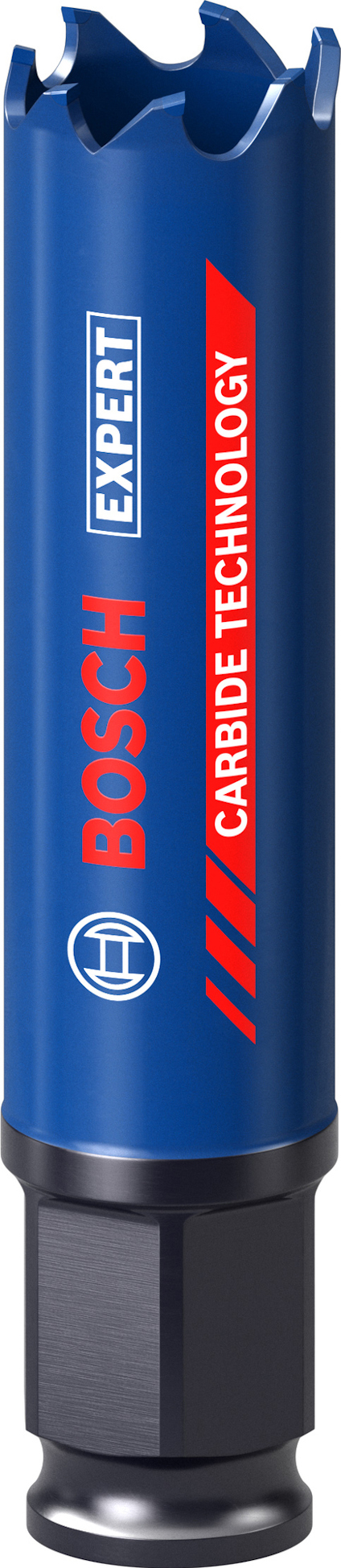 Blå Bosch hålsåg med röd och vit text: "EXPERT", "CARBIDE TECHNOLOGY". Svart fäste nederst.