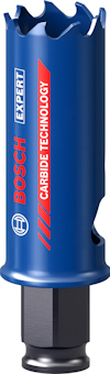 Blå hålsåg med tandad kant, märkning "BOSCH EXPERT" och "CARBIDE TECHNOLOGY" i rött.
