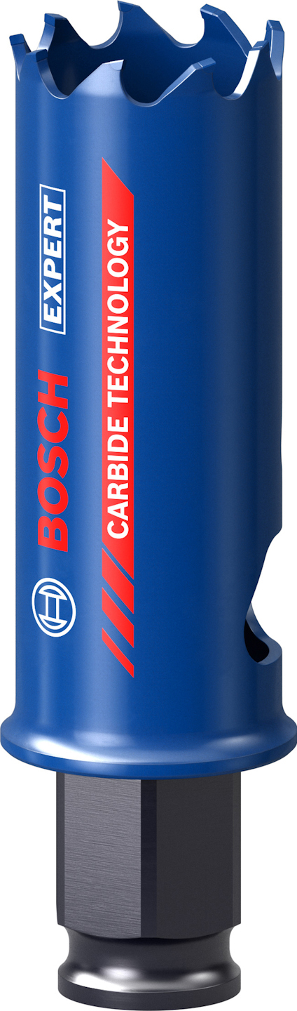 Blå hålsåg med tandad kant, märkning "BOSCH EXPERT" och "CARBIDE TECHNOLOGY" i rött.