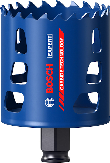 Blå hålsåg från Bosch med märkningen "Expert Carbide Technology". Sawtandad kant och flera rektangulära ventilationshål.