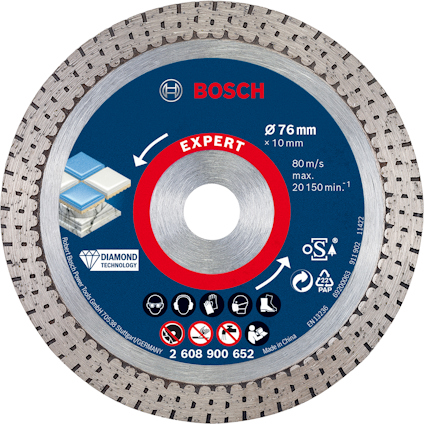 Bosch diamantskiva för kakel, Ø 76 mm x 10 mm, med instruktioner och varningssymboler.