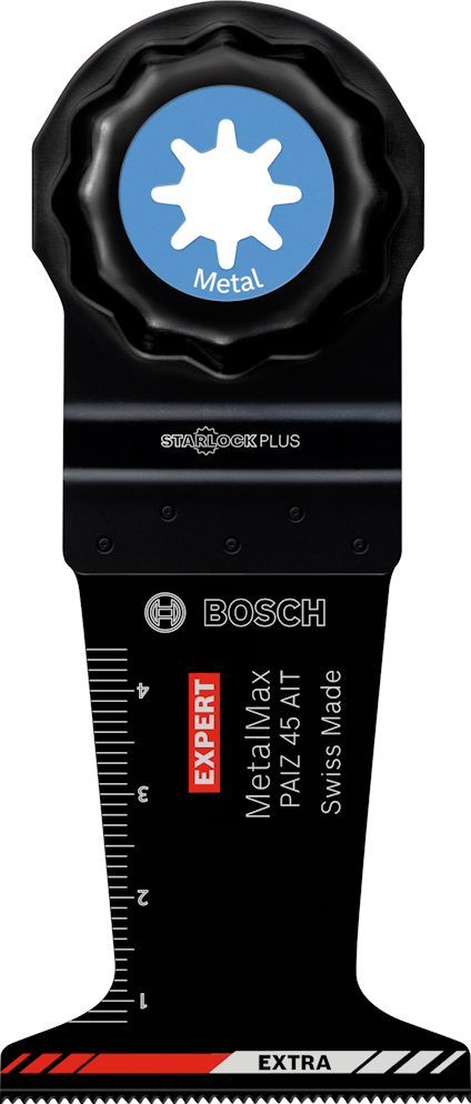 Stjärnformat multitillbehör från Bosch för metall, med svarta och röda detaljer samt texten "EXPERT MetalMax PAIZ 45 AT".